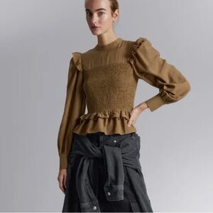 & Other Stories Smocked Ruffle Peplum Blouse | Paris Atelier | Brown | Size 2
